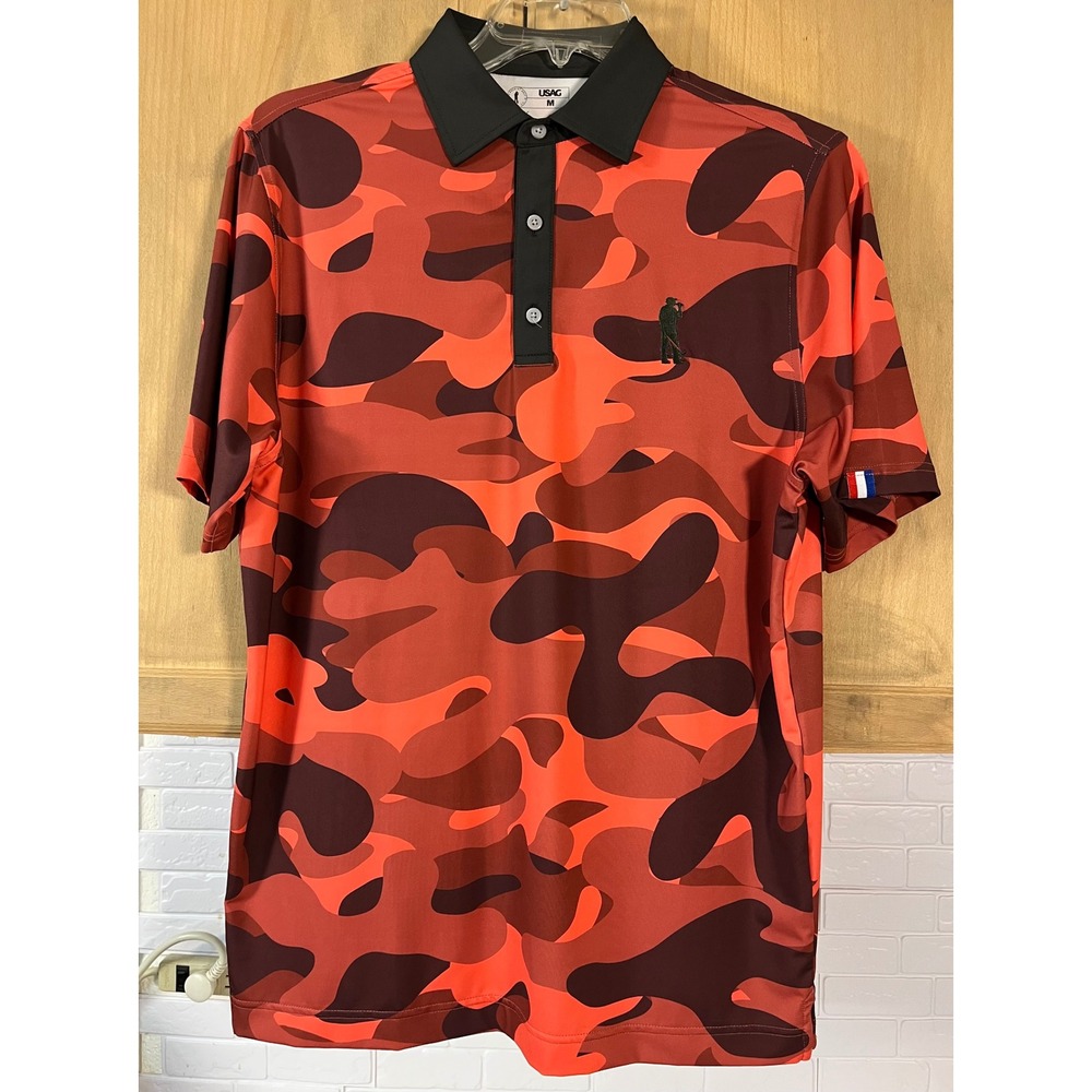 USAG Polo Shirt Men Medium Orange Red Camo Short Sleeve Golf Top